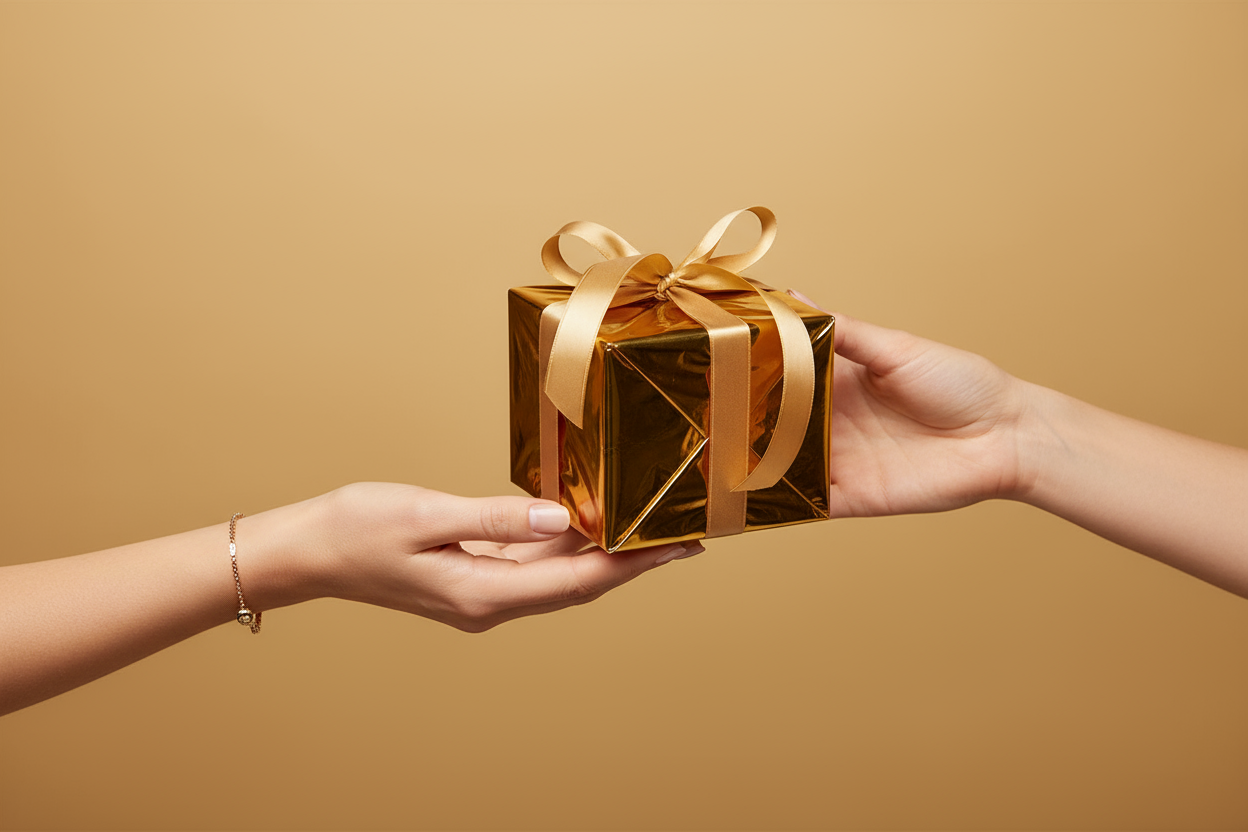 bannière fond couleur #D6B25E on voit une main qui donne un coffret cadeau doré à une autre main sans texte 