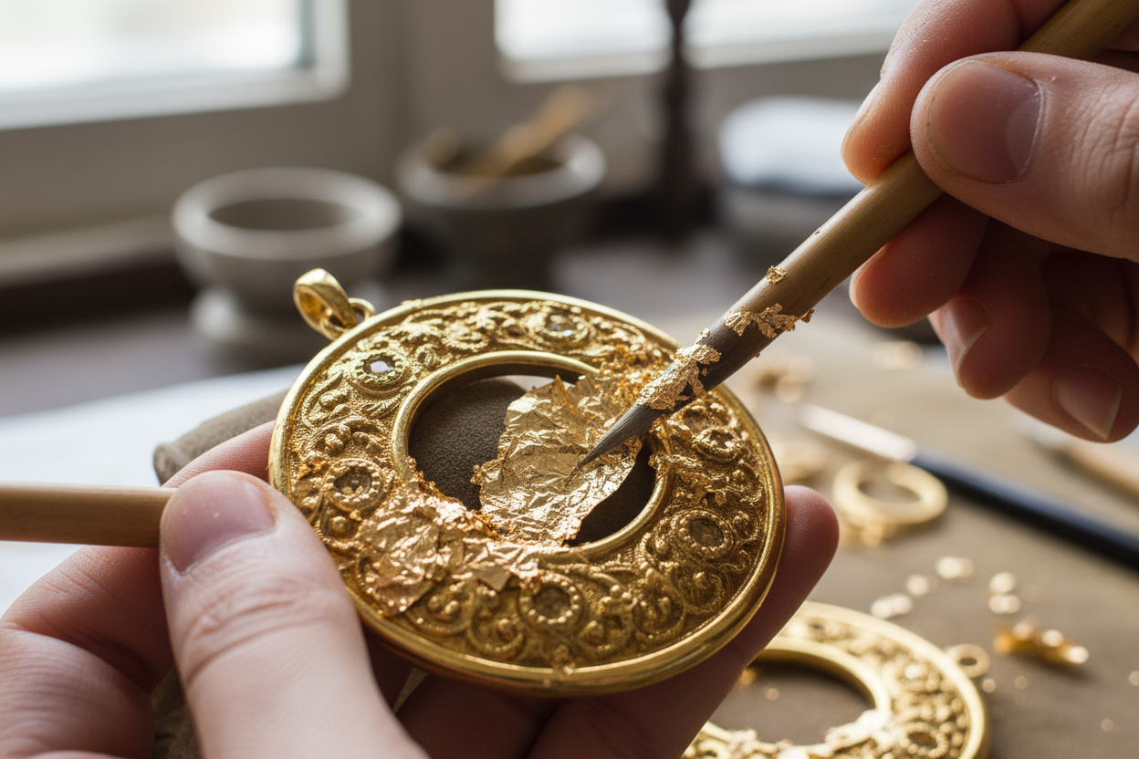 on voit un pendentif doré sur lequel on pose des feuilles d'or