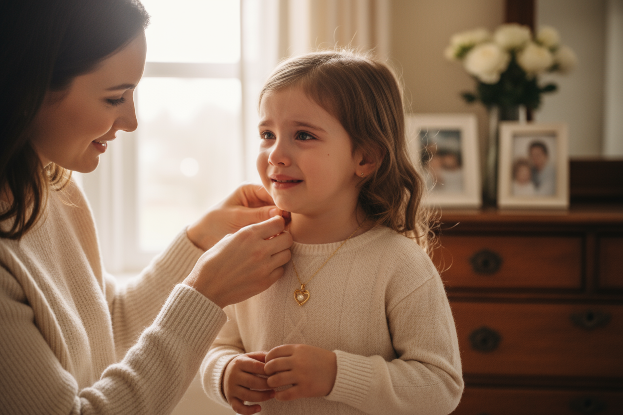on voit une maman qui passe un pendentif doré autour du coup de sa petite fille émue